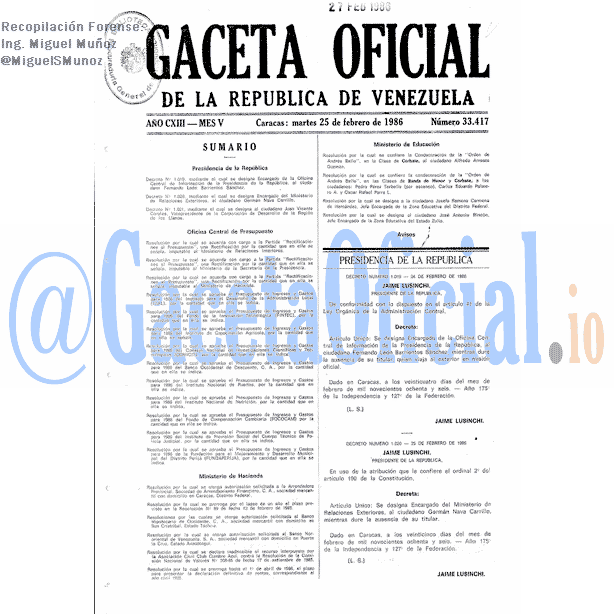 Gaceta Oficial 33417 del 25 Febrero 1986