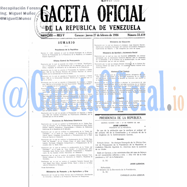 Gaceta Oficial 33419 del 27 Febrero 1986