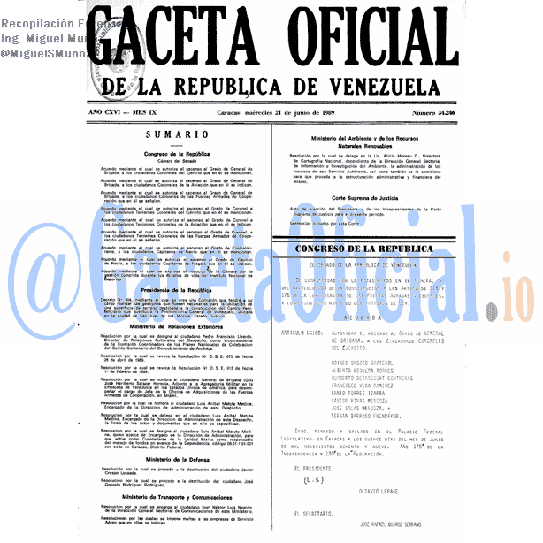 Gaceta Oficial 34246 del 21 Junio 1989