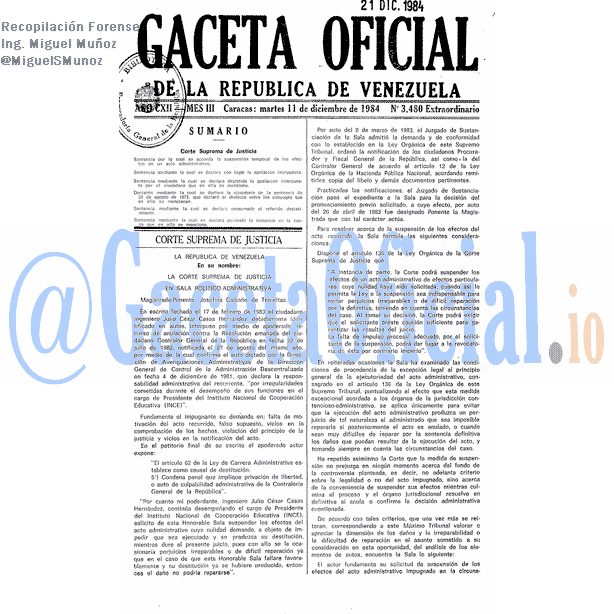 Gaceta Oficial 3480 del 11 Diciembre 1984