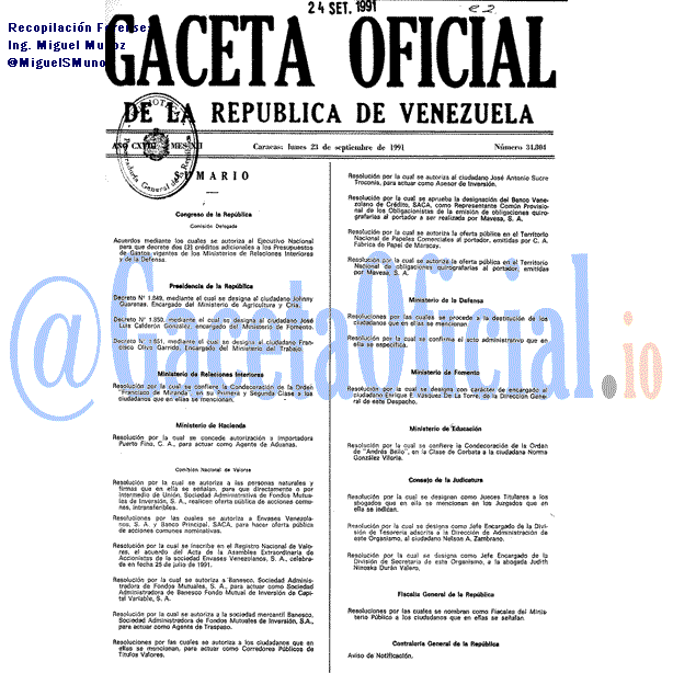 Gaceta Oficial 34804 del 23 Septiembre 1991