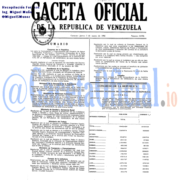 Gaceta Oficial 34916 del 5 Marzo 1992