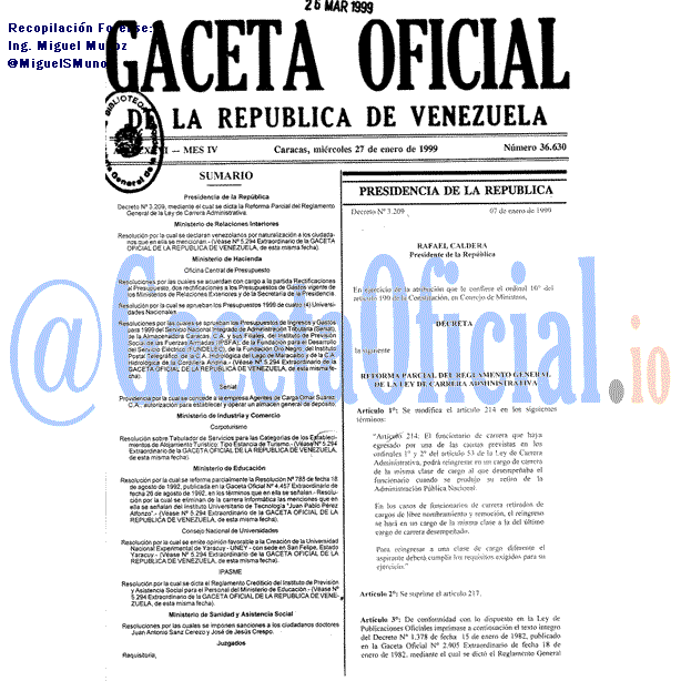 1999: Gaceta 36630: REFORMA PARCIAL DEL REGLAMENTO GENERAL DE LA LEY DE CARRERA ADMINISTRATIVA