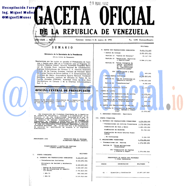 Gaceta Oficial 4395 1992-03-06 Gaceta Oficial 4395 del 6 Marzo 1992