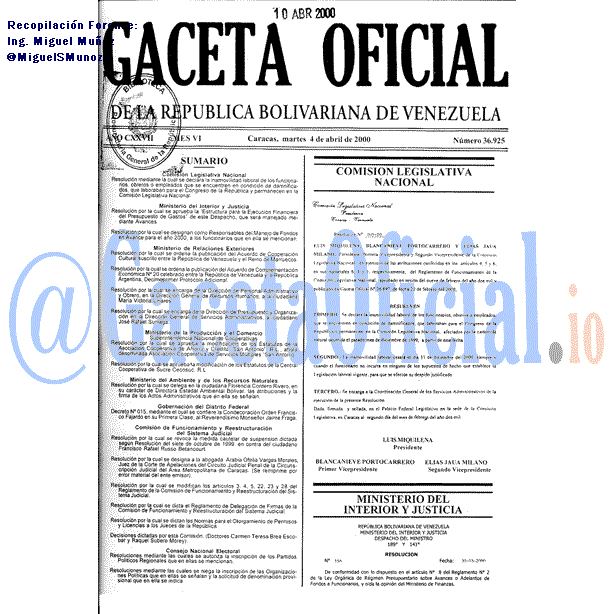 2000: Gaceta 36925: DECRETO: REGLAMENTO DE LA COMISION DE FUNCIÓNAMIENTO Y REESTRUCTURACIÓN DEL SISTEMA JUDICIAL