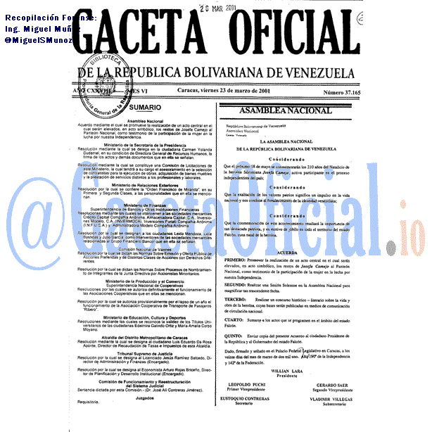 Gaceta Oficial 37165 del 23 Marzo 2001