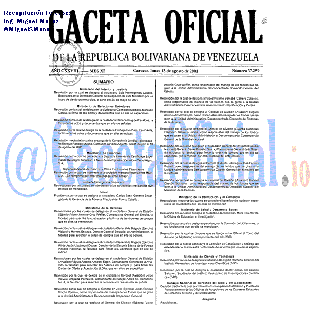 Gaceta Oficial 37259 del 13 Agosto 2001