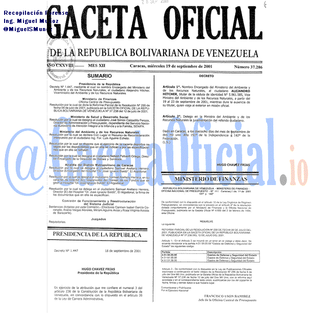 Gaceta Oficial 37286 del 19 Septiembre 2001