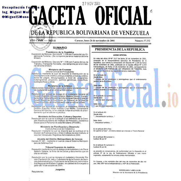 Gaceta Oficial 37332 del 26 Noviembre 2001