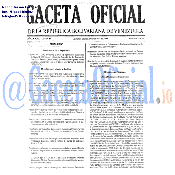 2003: Gaceta 37616: PROVIDENCIA DE LA OFICINA CENTRAL DE PRESUPUESTO, SE CREAEL CODIGO DEL PLAN UNICO DE CUENTAS