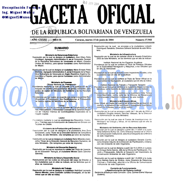 Gaceta Oficial 37960 del 15 Junio 2004