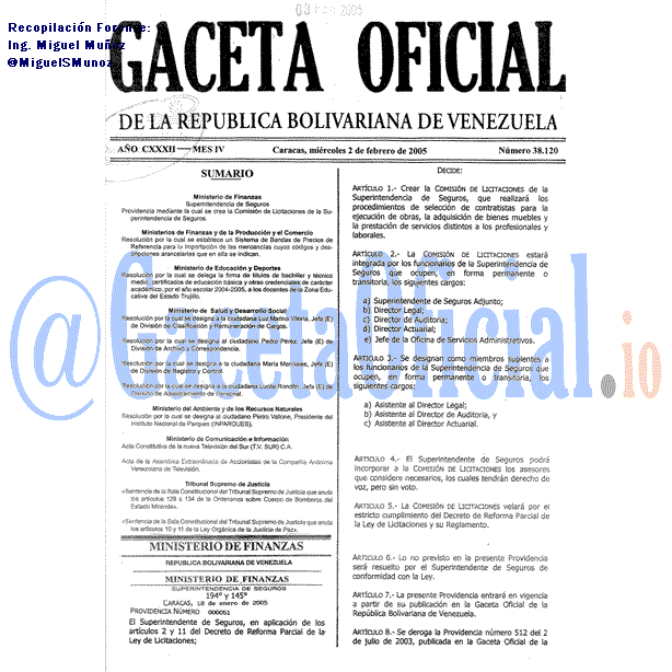 Gaceta Oficial 38120 del 2 Febrero 2005
