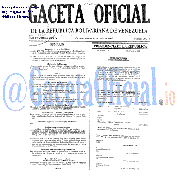 Gaceta Oficial 38213 del 21 Junio 2005