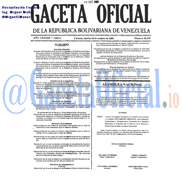 Gaceta Oficial 38295 del 18 Octubre 2005