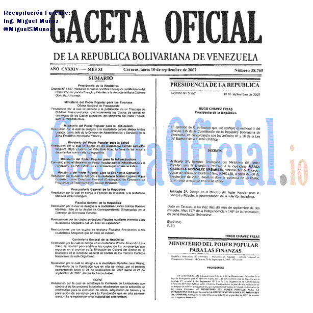 Gaceta Oficial 38765 del 10 Septiembre 2007