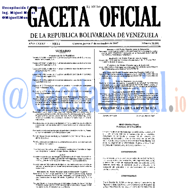Gaceta Oficial 38801 del 1 Noviembre 2007