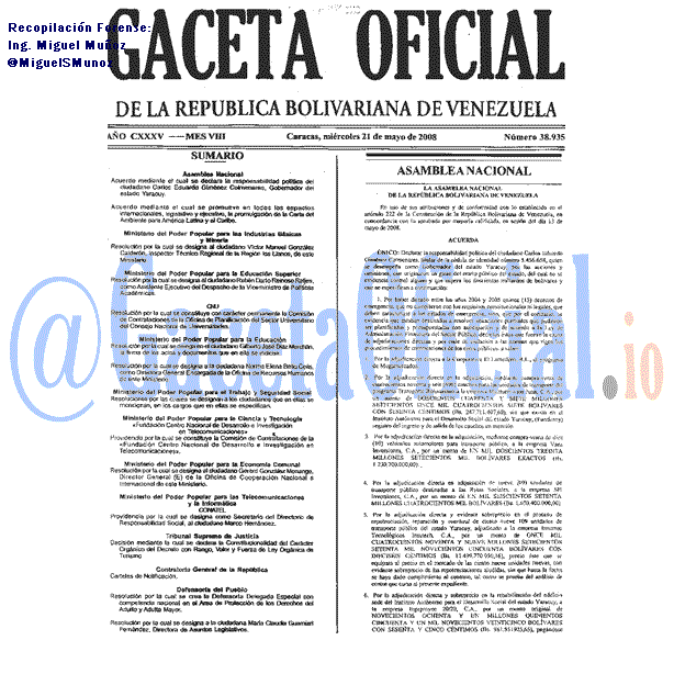 Gaceta Oficial 38935 del 21 Mayo 2008