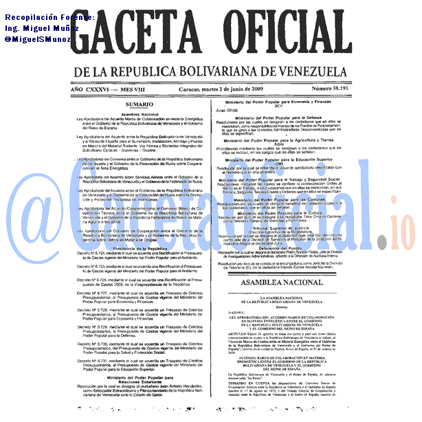 Gaceta Oficial 39191 del 2 Junio 2009