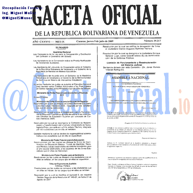 Gaceta Oficial 39217 2009-07-09 Gaceta Oficial 39217 del 9 Julio 2009