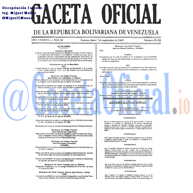 Gaceta Oficial 39258 del 7 Septiembre 2009