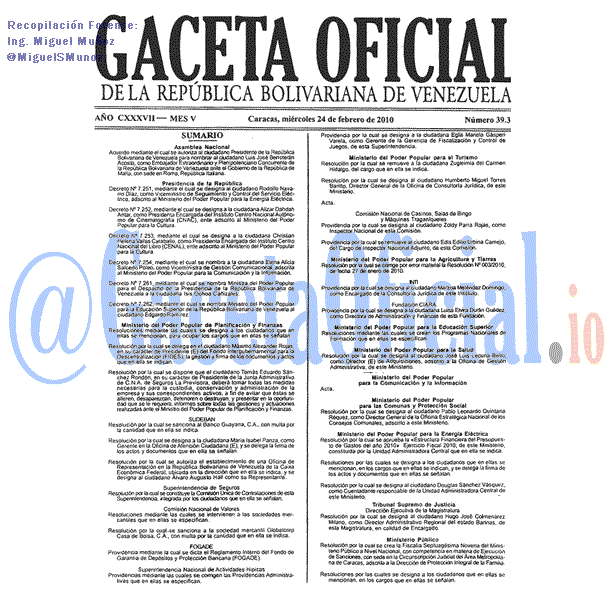 Gaceta Oficial 39373 del 24 Febrero 2010
