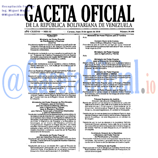 Gaceta Oficial 39498 del 30 Agosto 2010