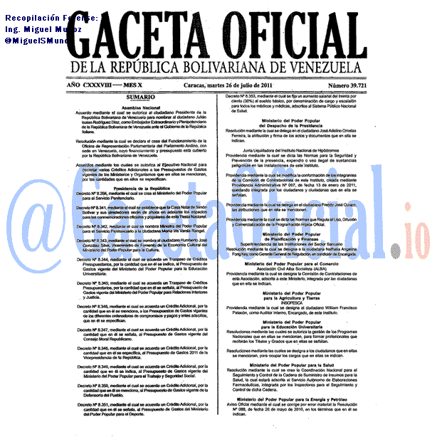 Gaceta Oficial 39721 2011-07-26 Gaceta Oficial 39721 del 26 Julio 2011