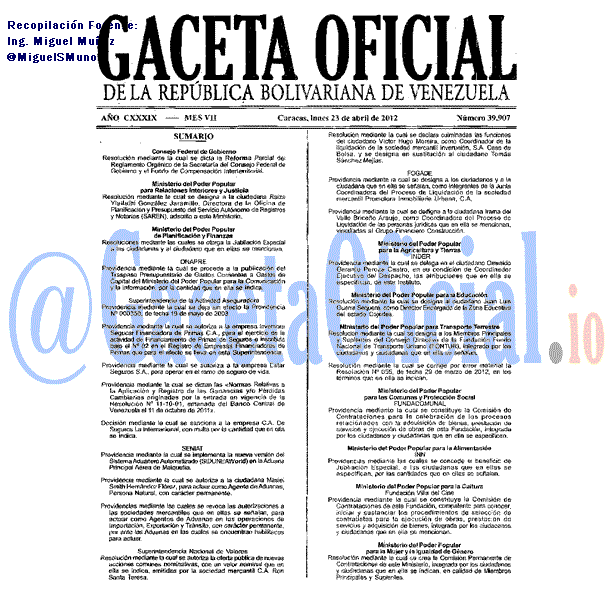 Gaceta Oficial 39907 del 23 Abril 2012