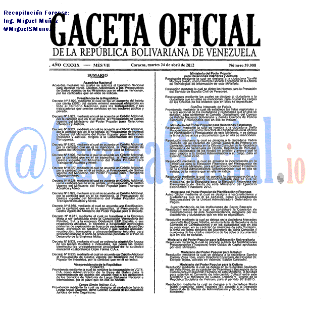 Gaceta Oficial 39908 del 24 Abril 2012