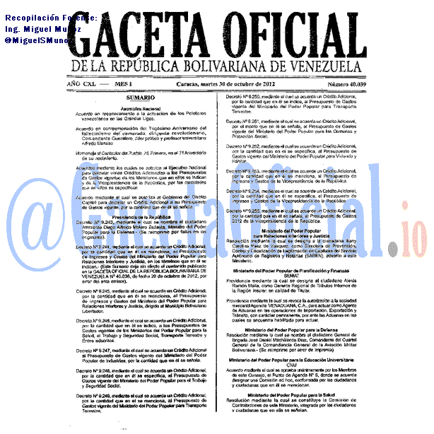 Gaceta Oficial 40039 del 30 Octubre 2012