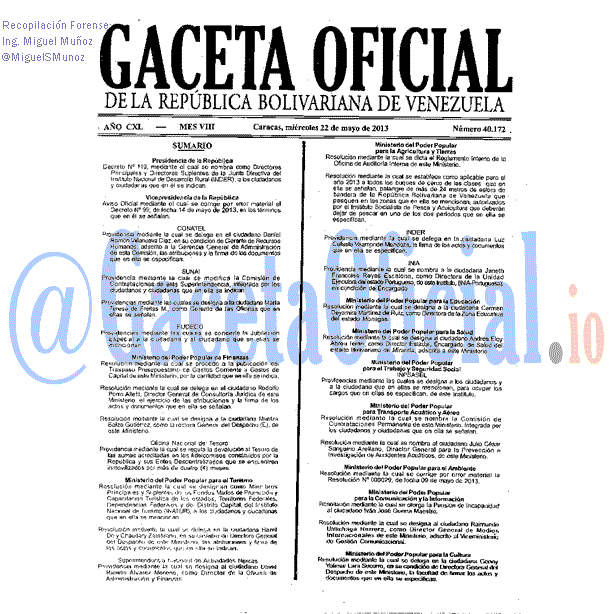 Gaceta Oficial 40172 del 22 Mayo 2013