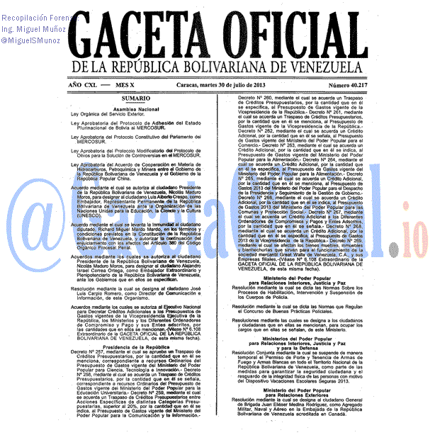 Gaceta Oficial 40217 2013-07-30 Gaceta Oficial 40217 del 30 Julio 2013