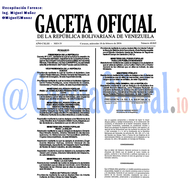 Gaceta Oficial 40845 2016-02-10 Gaceta Oficial 40845 del 10 febrero 2016