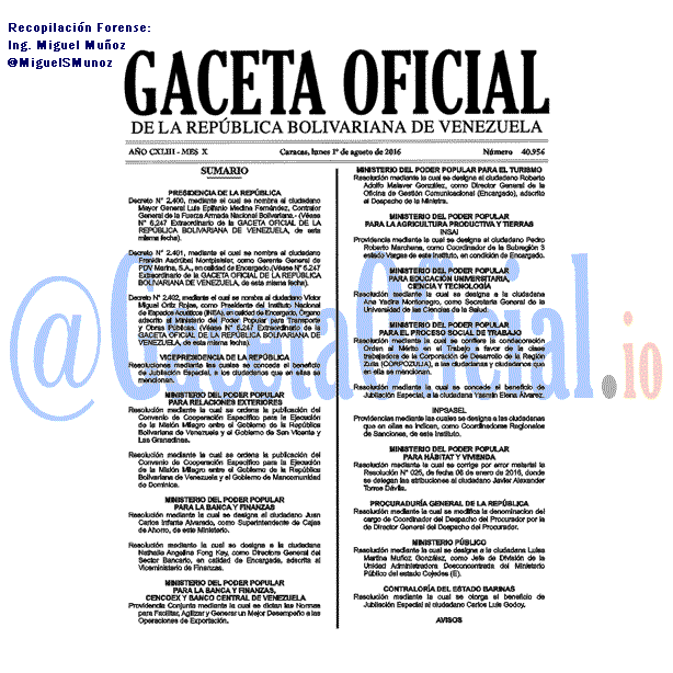 Gaceta Oficial 40956 del 1 agosto 2016