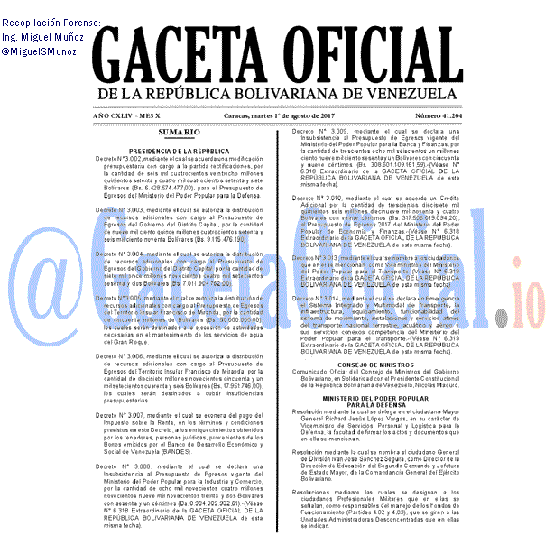 Gaceta Oficial 41204 del 1 agosto 2017 Gaceta Oficial 41204 del 1 agosto 2017