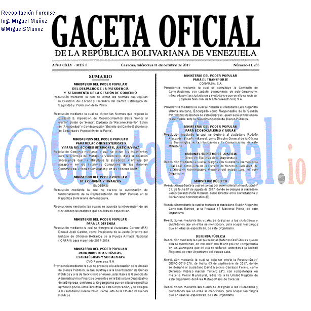Gaceta Oficial 41255 del 11 octubre 2017