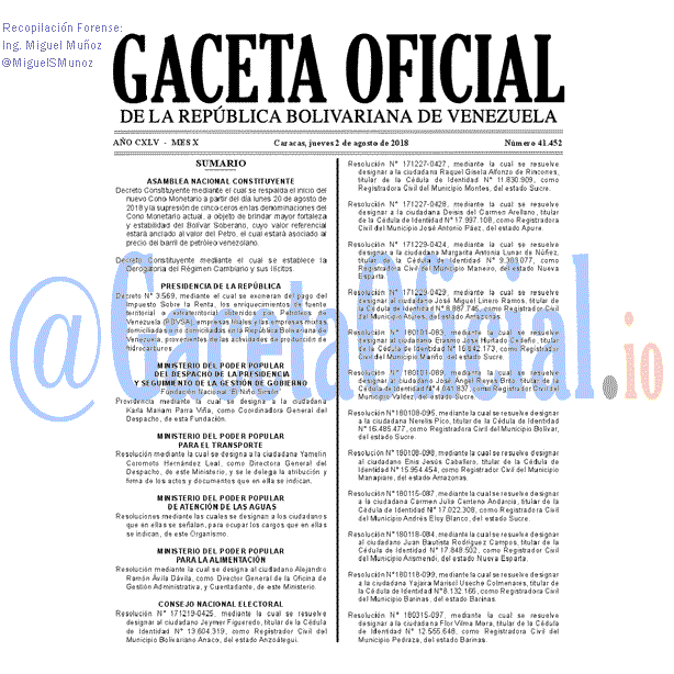 Gaceta Oficial 41452 del 2 Agosto 2018 Gaceta Oficial 41452 del 2 Agosto 2018