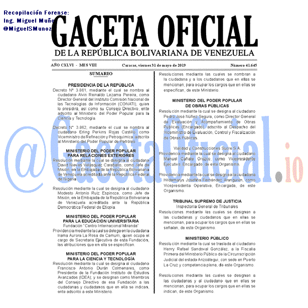 Gaceta Oficial 41645 2019-05-31 Gaceta Oficial 41645 del 31 Mayo 2019