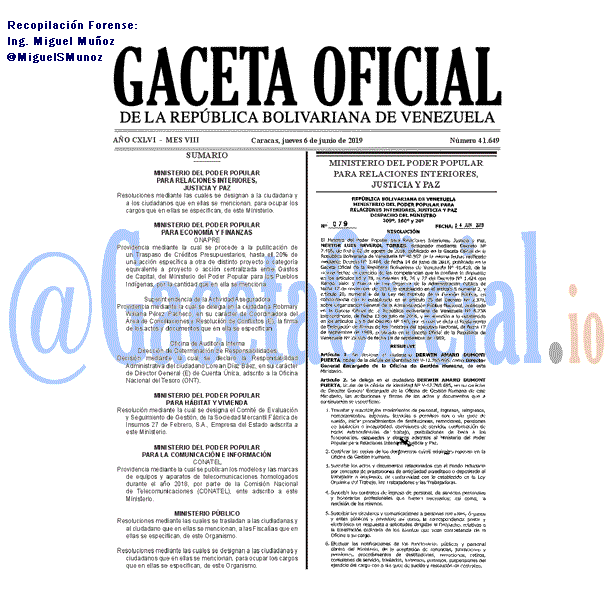 Gaceta Oficial 41649 del 6 Junio 2019 Gaceta Oficial 41649 del 6 Junio 2019