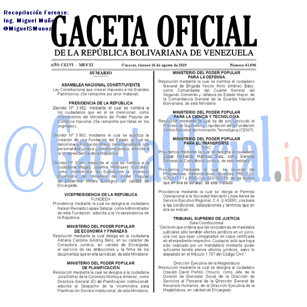 Gaceta Oficial 41696 del 16 agosto 2019