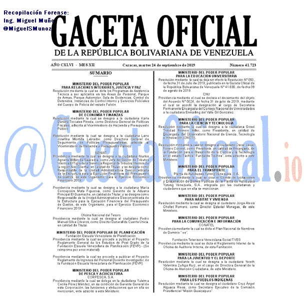 Gaceta Oficial 41723 del 24 septiembre 2019 Gaceta Oficial 41723 del 24 septiembre 2019