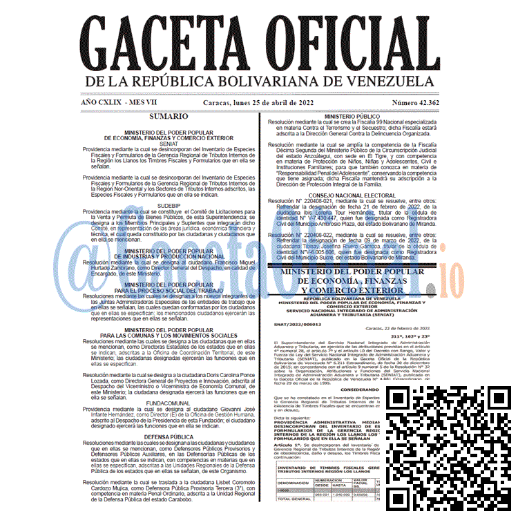 Venezuela Gaceta Oficial 42362 del 25 abril 2022 Venezuela Gaceta Oficial 42362 del 25 abril 2022