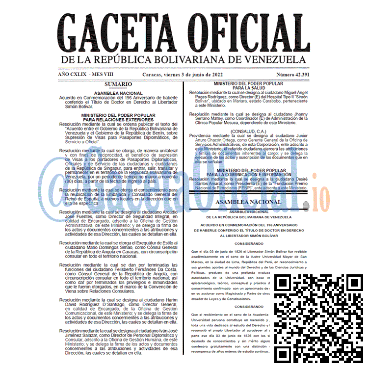 Venezuela Gaceta Oficial 42391 del 3 junio 2022