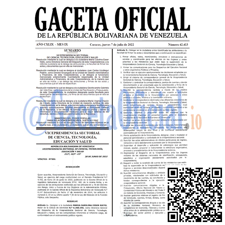 Venezuela Gaceta Oficial 42413 del 7 julio 2022