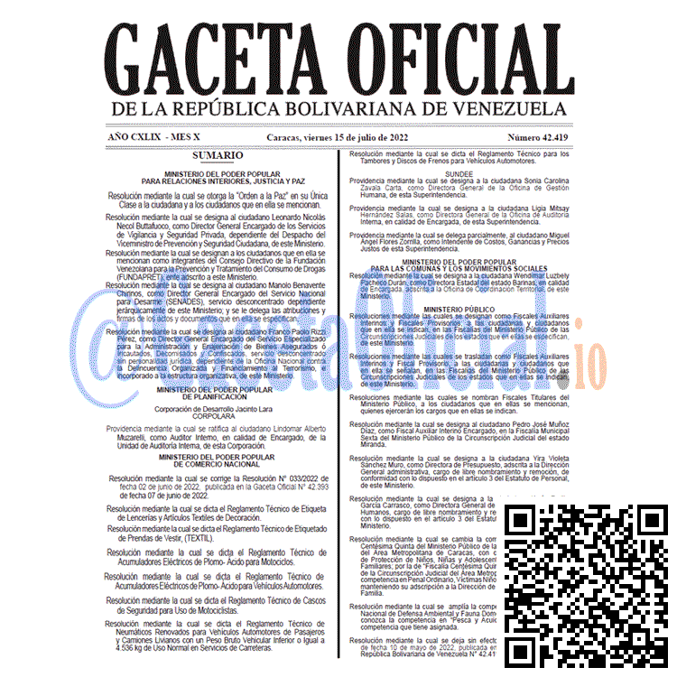 Gaceta Oficial 42419 2022-07-15 Venezuela Gaceta Oficial 42419 del 15 julio 2022