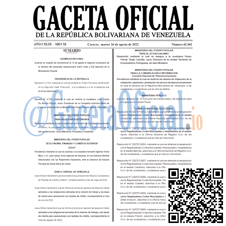 Venezuela Gaceta Oficial 42441 del 16 agosto 2022 Venezuela Gaceta Oficial 42441 del 16 agosto 2022