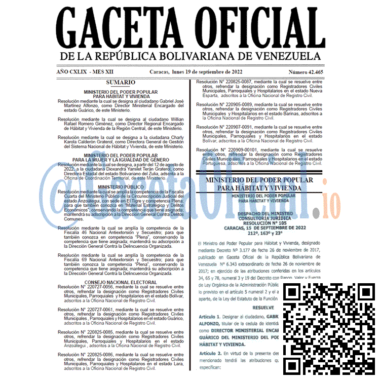 Venezuela Gaceta Oficial 42465 del 19 septiembre 2022 Venezuela Gaceta Oficial 42465 del 19 septiembre 2022