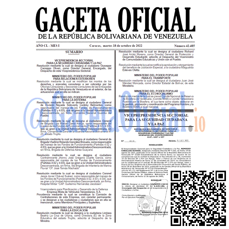 Gaceta Oficial Venezuela #42485 del 18 octubre 2022