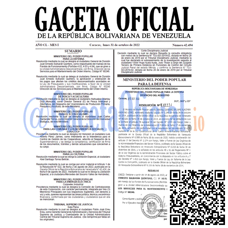 Gaceta Oficial Venezuela #42494 del 31 octubre 2022