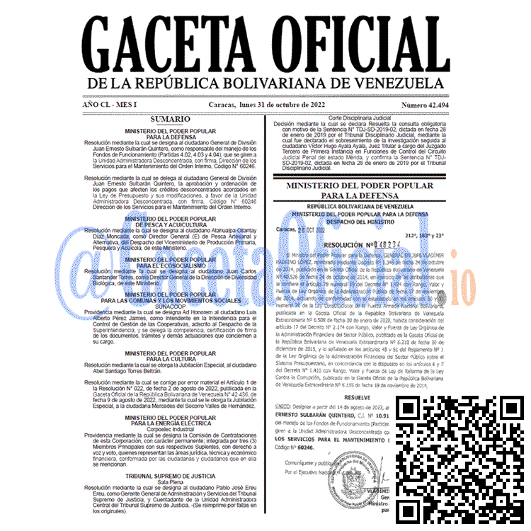 Venezuela Gaceta Oficial 42494 del 31 octubre 2022 Gaceta Oficial Venezuela #42494 del 31 octubre 2022